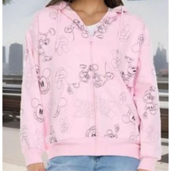 Disney Mickey Mouse Hoodie Sweatshirt Women Sz L Pink Full Zip Fleece NWT - Picture 1 of 9